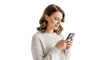 Young woman in a white sweater texting on her smartphone isolated on transparent background