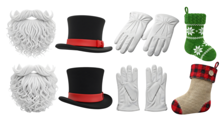 A delightful assortment of holiday and formal accessories including Santa beards top hats white gloves and decorative Christmas stockings presented on a black backdrop
