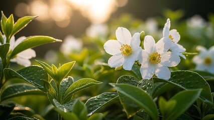 Delicate white flowers bloom amidst lush green foliage in soft sunlight.