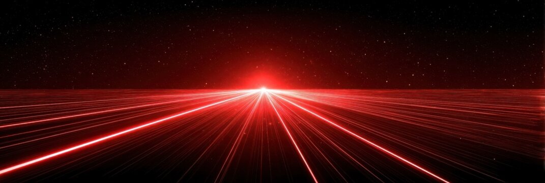 Abstract red light speed motion grid lines converging in dark starry space