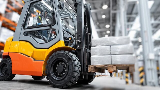 Warehouse operator drives yellow forklift lifting cardboard pallets in busy distribution center, wearing safety vest and helmet, navigating high racking aisles,
