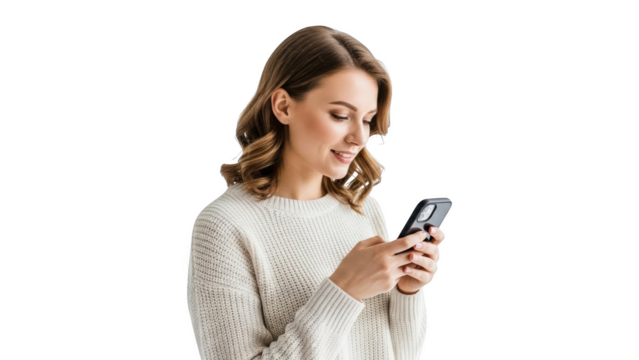 Young woman in a white sweater texting on her smartphone isolated on transparent background - Powered by Adobe