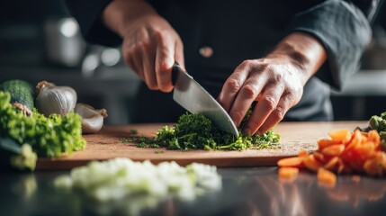 Chef hands finely chopping fresh green herbs on wooden cutting board