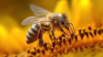 Macro close-up of honey bee collecting pollen on bright yellow flower center