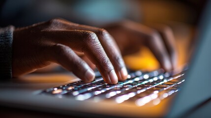 Dark skin hands typing on backlit laptop keyboard in low light