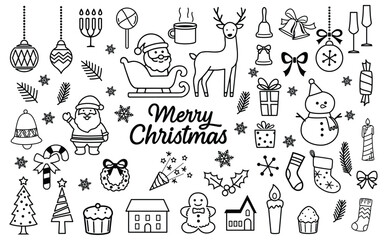 Christmas Doodle Icon Set | Hand Drawn Black and White Holiday Symbols, Merry Christmas Decoration Elements Vector