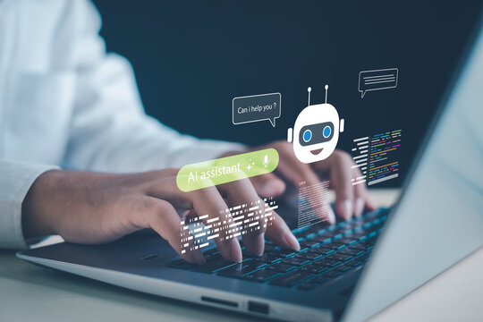 person typing on a laptop with AI assistant and chatbot interface graphics, representing modern artificial intelligence, digital technology, machine learning, and virtual support tools.