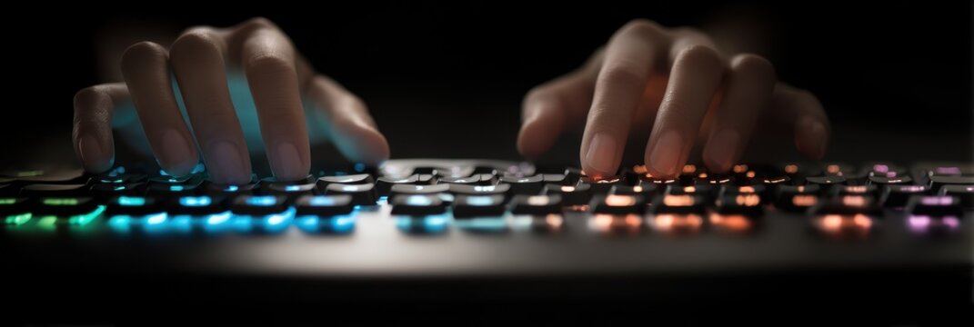 Hands typing on backlit mechanical keyboard in dark environment