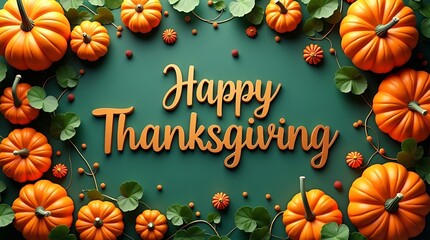 Cute cartoon pumpkins with smiling faces and a playful Thanksgiving greeting on a mint-green background