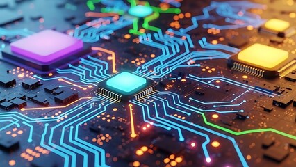 Detailed Circuit Board with Glowing Components and Intricate Traces.