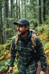 Obraz premium Bearded man in plaid shirt and cap hiking through dense rainy forest
