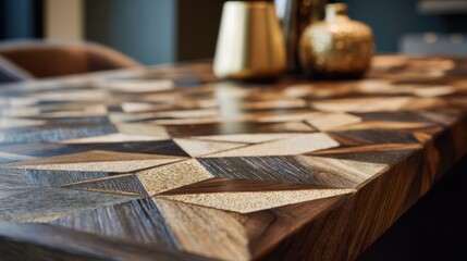 Medium shot focusing on the contrast and texture of diverse wood tones blended in geometric inlays creating visually striking surfaces.