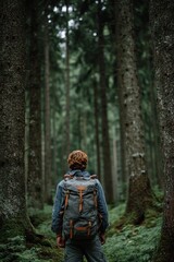 Naklejka premium Hiker with backpack standing in dense mossy forest looking ahead