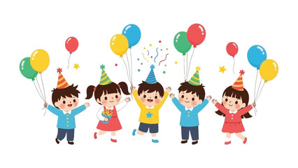 A Party of Joy: Playful children with party hats, joyful expression and colorful balloons, dancing in a scene of pure celebration and childhood magic.