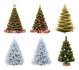 Obraz premium A diverse collection of festive Christmas trees displayed on a sleek black background featuring traditional green decorated trees snowy white trees and a tree with glowing lights
