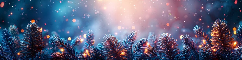 Panoramic Winter Forest with Twinkling Lights and Snowflakes, a Magical Scene