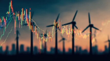 Financial stock market graph overlaying wind turbines at sunset, symbolizing renewable energy investment, sustainable economic growth, and clean power.