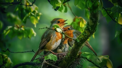 Family of Robin Birds Resting on Tree Branch in Lush Green Foliage