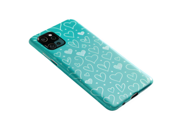 Turquoise smartphone case with heart pattern isolated on transparent background
