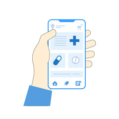 Human hand holding smartphone with pharmacy mobile app on the screen. Flat geometric style.
