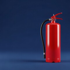 Obraz premium Red fire extinguisher with black hose on a blue background. Fire safety equipment for emergency, prevention, and protection.