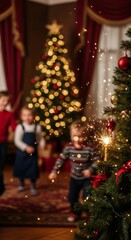 Three children near Christmas tree with sparkler. Accident and fire safety concept during Christmas and New Year.