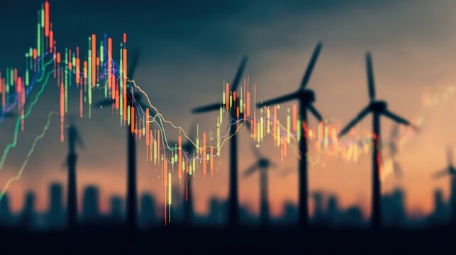 Financial stock market graph overlaying wind turbines at sunset, symbolizing renewable energy investment, sustainable economic growth, and clean power. - Powered by Adobe