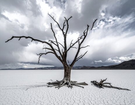 Solitary dead tree in a cracked desert under cloudy sky - Powered by Adobe
