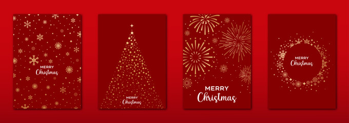 Merry Christmas red holiday card collection vector illustration with stars, trees, snowflakes. Modern festive cover collection for new year invitation, new year eve, celebration, decoration. party