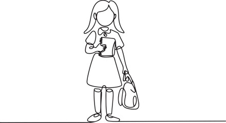 Single continuous line drawing of schoolgirl style with hold note and bag go to school. Education concept one line draw design. one line Icon drawing