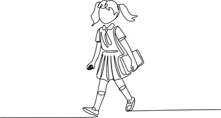 Single continuous line drawing of schoolgirl style with hold note and bag go to school. Education concept one line draw design. one line Icon drawing