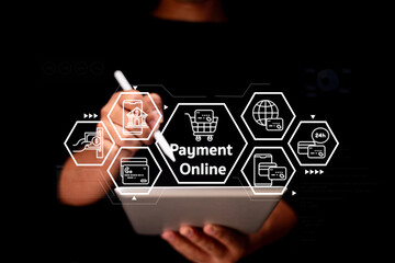 A person using a digital tablet displays online payment options and icons, emphasizing modern digital transactions and e-commerce.