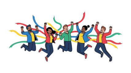 Colorful Celebration: Illustration of a diverse group of people joyfully celebrating, with vibrant streamers in the background, conveying a sense of unity and shared achievement. 