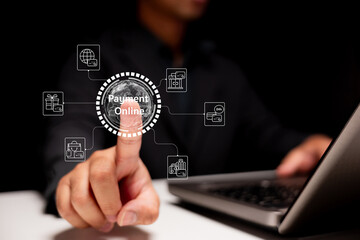A person initiating an online payment with a fingerprint, surrounded by digital icons representing various transaction options.