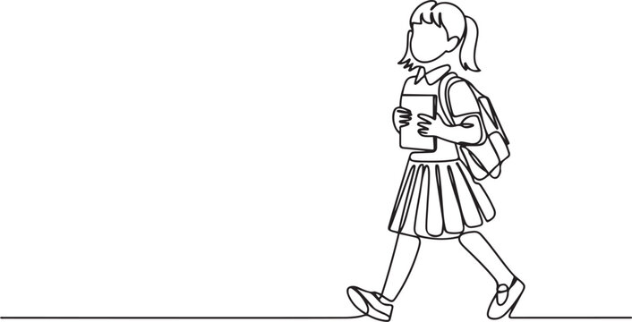 Single continuous line drawing of schoolgirl style with hold note and bag go to school. Education concept one line draw design. one line Icon drawing