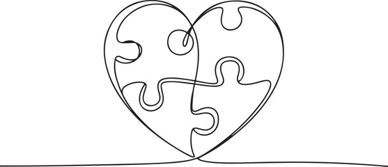 continuous line drawing of love shape puzzle. one line Icon drawing