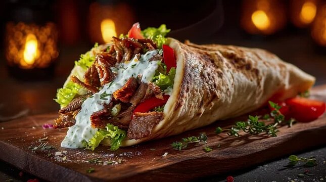 A delicious doner kebab sandwich filled with meat, lettuce, tomato, and sauce on a wooden board with a dark background and warm lighting.