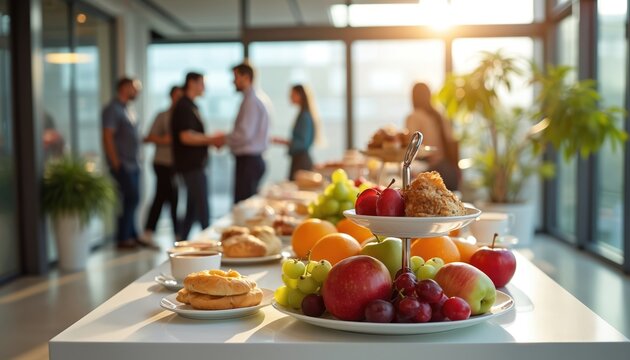 Office event features buffet with fresh fruit pastries and coffee cups. Employees mingle and during morning work break in bright modern building lobby near big windows. Sunlight streams in.