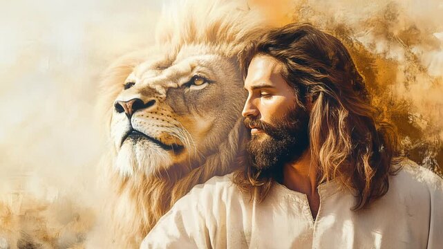 Jesus Christ and lion in desert, serene cinematic guardian scene featuring bearded shepherd figure wearing flowing robe beside majestic lion, warm golden sunlit