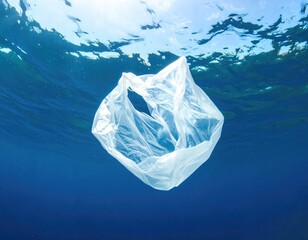 Plastic bag floats in deep blue ocean water