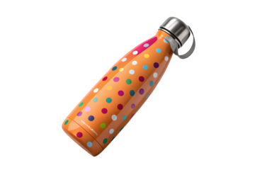 Orange polka dot reusable water bottle isolated on transparent background