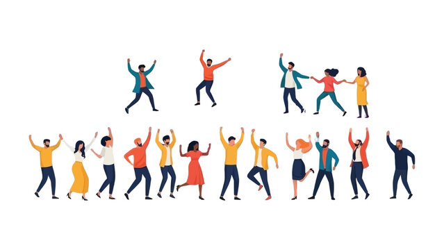 Celebration of Diversity: A vibrant illustration showcasing a diverse group of individuals in mid-celebration, dancing joyfully against a simple background.