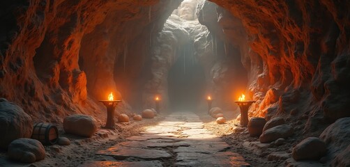Stone path leads into dark cave with torches burning. Ancient temple entrance opens to unknown depths. Rocky walls glow with orange light. Mystical underground passage beckons adventurers into