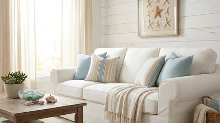 Obraz premium Coastal living room decorated in relaxed beach style, featuring a white sofa, starfish artwork, and airy natural light creating a calm seaside atmosphere