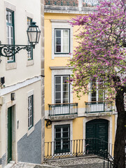 Colourful facades in a narrow alley in the old town of Lisbon, Portugal.