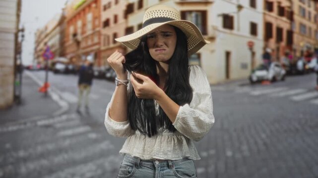 Woman holding hair between fingers and inspecting split ends, frowning in sun hat on cobblestone street with blurred buildings; frustration.