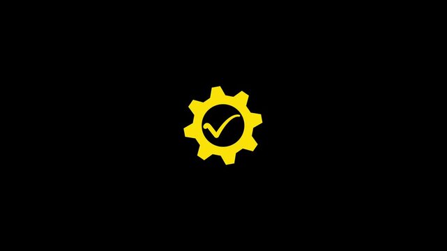 Setting icon with tick symbol on black background. Gear rotation animation. System configuration success, digital interface setup confirmation, technology and maintenance concept. 4k video
