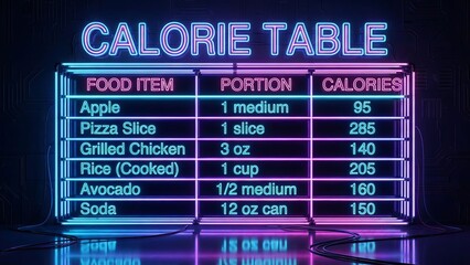 Calorie table presenting various food items, portion sizes, and calorie counts in a glowing neon sign format, promoting healthy eating, diet, and informed nutrition decisions