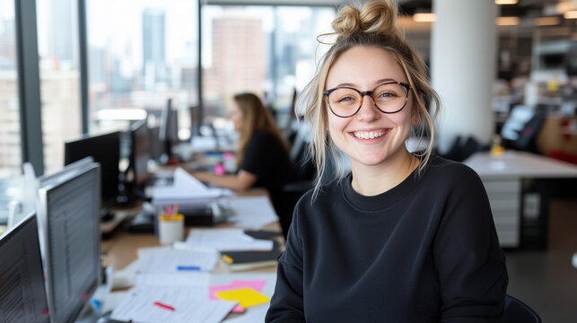 Praktikantin sitzt am Schreibtisch in einem B&uuml;ro
