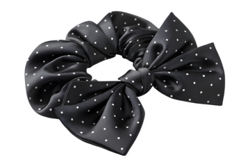 Black polka dot satin scrunchie with a bow isolated on transparent background